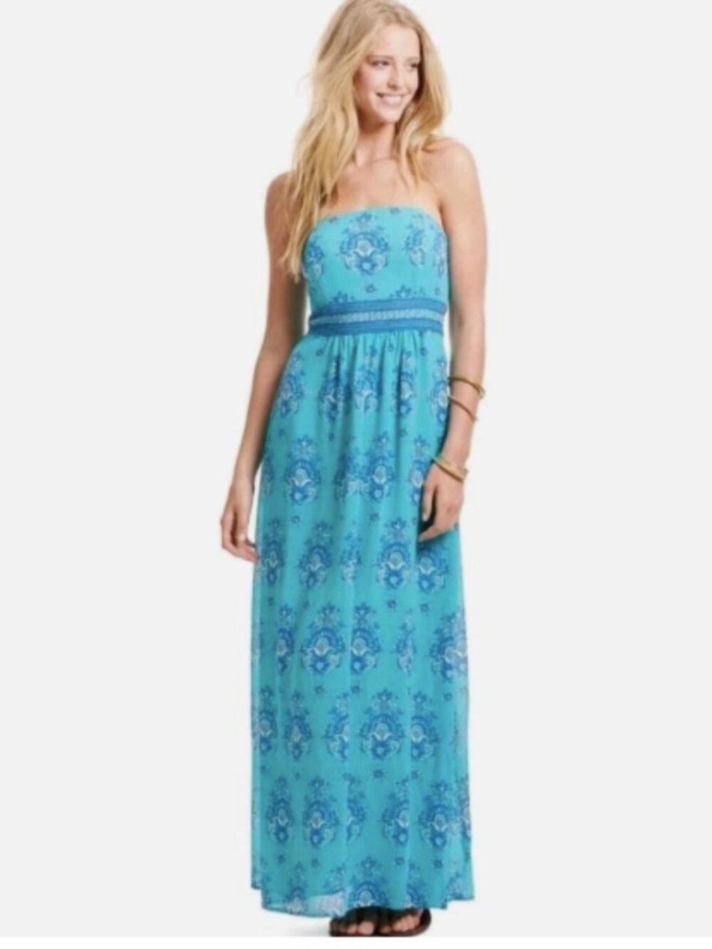 Vineyard Vines Scarf Print Medallion Silk Cotton Strapless Maxi Dress Beach
